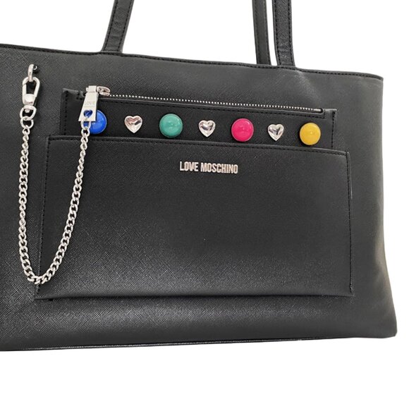Love Moschino Multicolor Hearts Chain Vegan Black Leather Shoulder bag - Picture 3 of 13